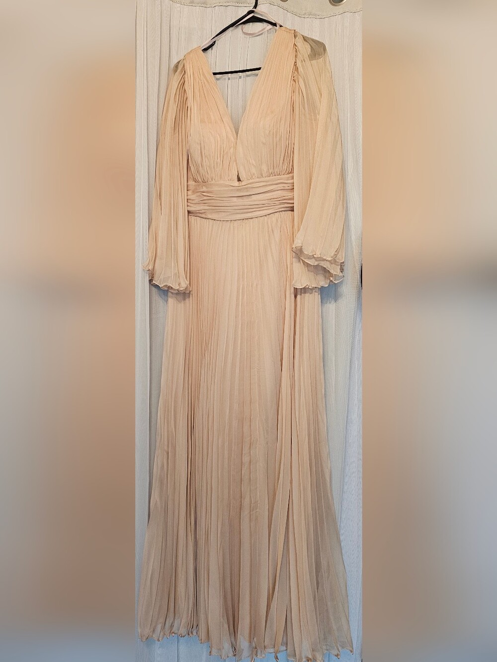 Cinderella Divine CD242 Pleated Long Sleeve Maxi Dress in Champaign Size 16